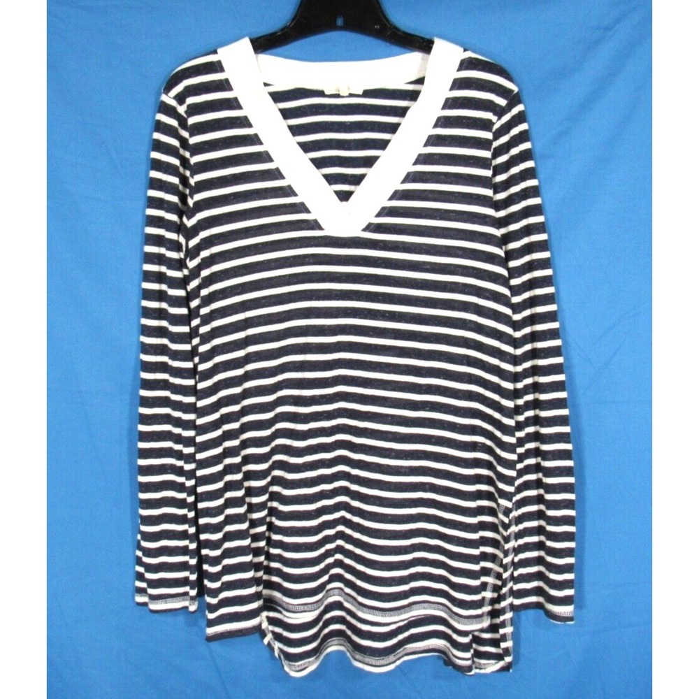 MYSTREE Navy Blue White STRIPED Thin Knit V-NECK Nautical OVERSIZE T-SHIRT TOP M